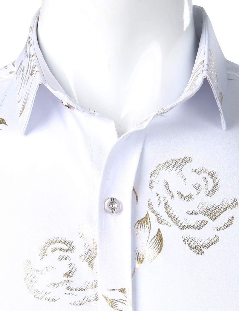 ZEROYAA Mens Hipster Gold Rose Printed Slim Fit Short Sleeve Button Down Dress Shirts ZZCL41 White Large - Image 3